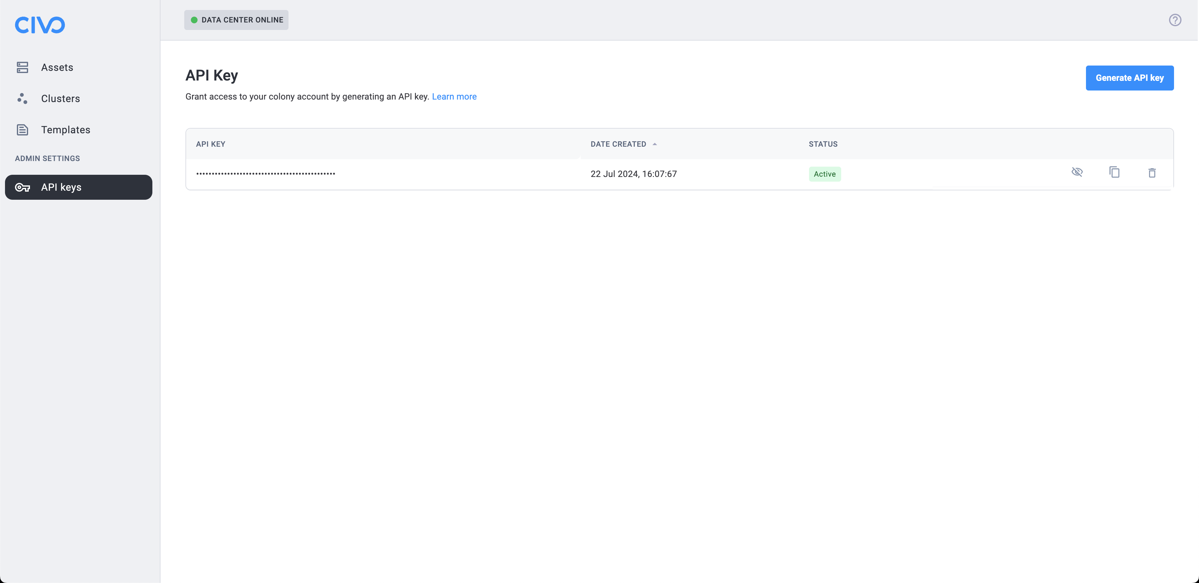 API Keys page showing one key