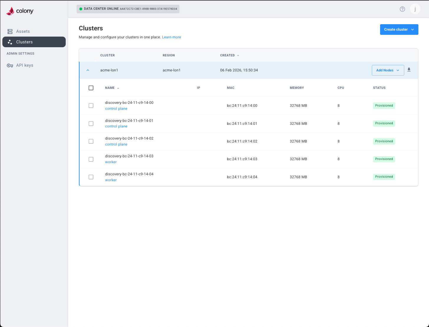 Cluster with provisioned nodes