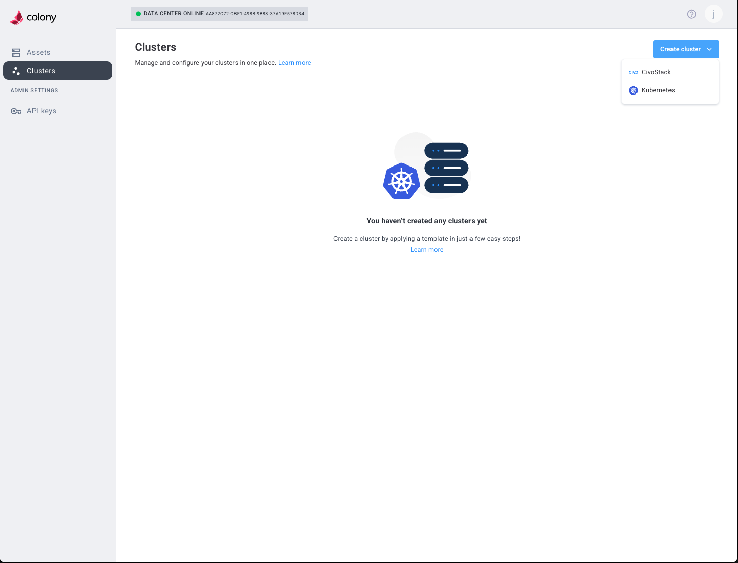 Create Cluster dropdown
