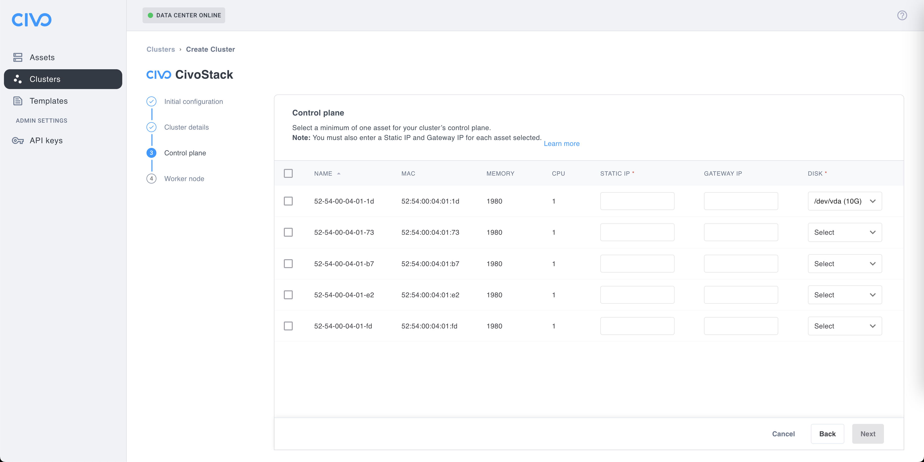 CivoStack - Control plane page