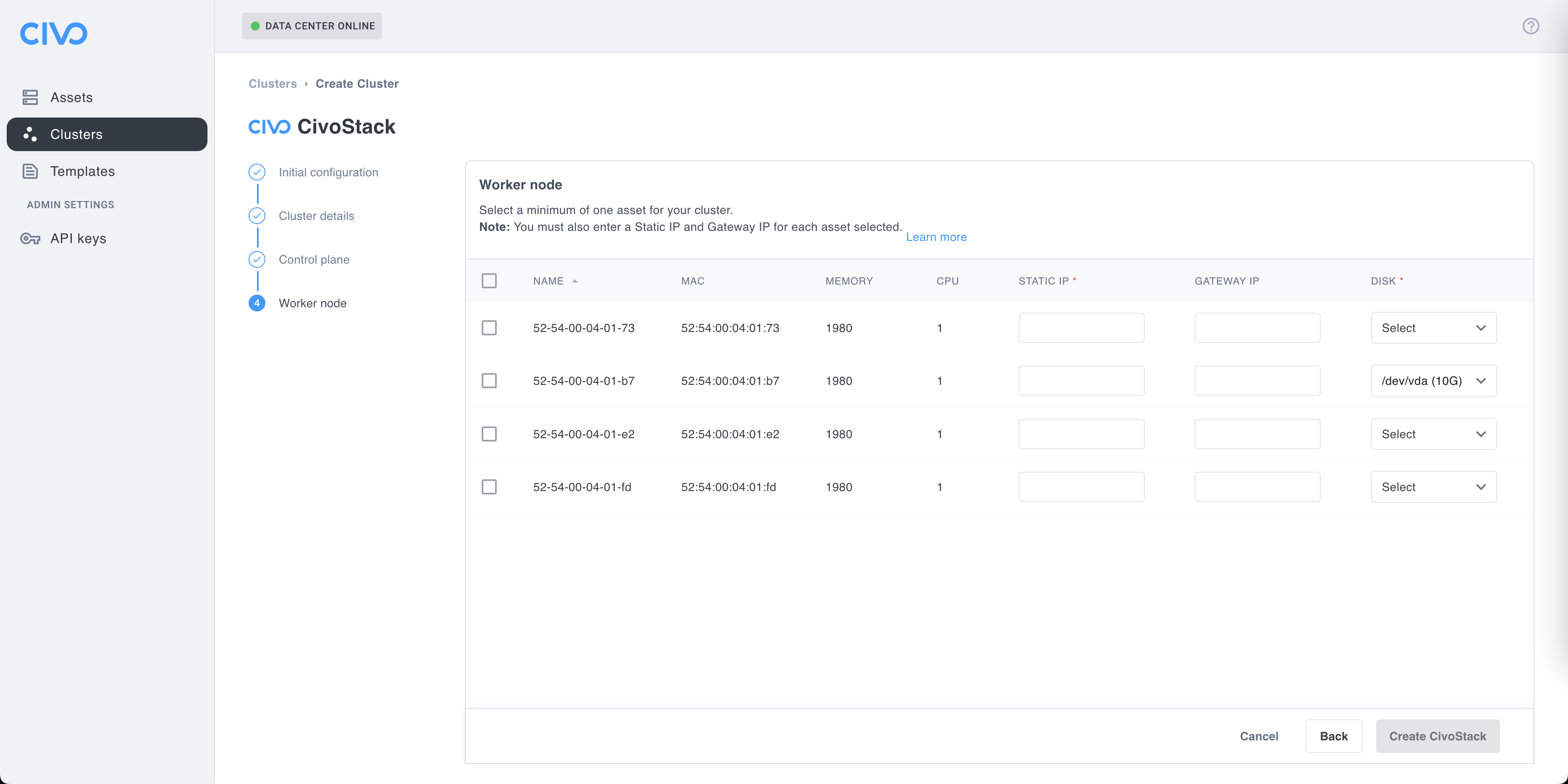 CivoStack -  Worker Node page